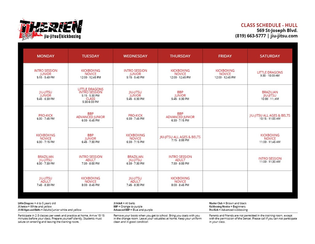 Schedules Therien JiuJitsu &amp; Kickboxing Fitness MMA